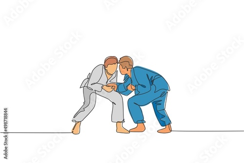 Single continuous line drawing of two young sportive judoka fighter men practice judo skill at dojo gym center. Fighting jujitsu, aikido sport concept. Trendy one line draw design vector illustration