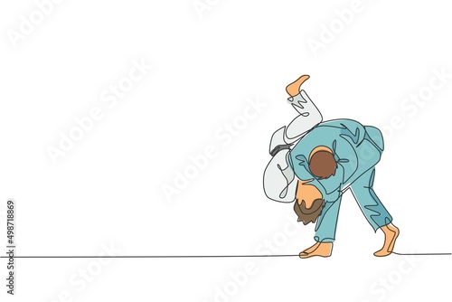 Single continuous line drawing of two young sportive judoka fighter men practice judo skill at dojo gym center. Fighting jujitsu, aikido sport concept. Trendy one line draw design vector illustration