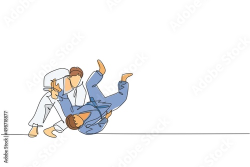 One single line drawing of two young energetic judokas fighter men battle fighting at gym center graphic vector illustration. Martial art sport competition concept. Modern continuous line draw design
