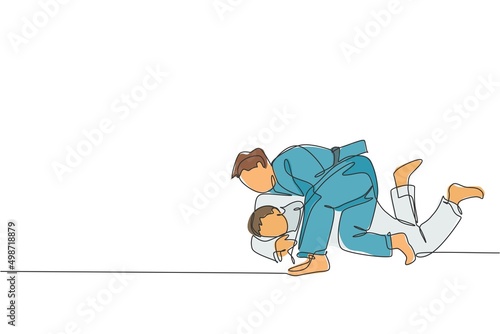 One continuous line drawing of two young sporty men training judo technique at sport hall. Jiu jitsu battle fight sport competition concept. Dynamic single line draw graphic design vector illustration