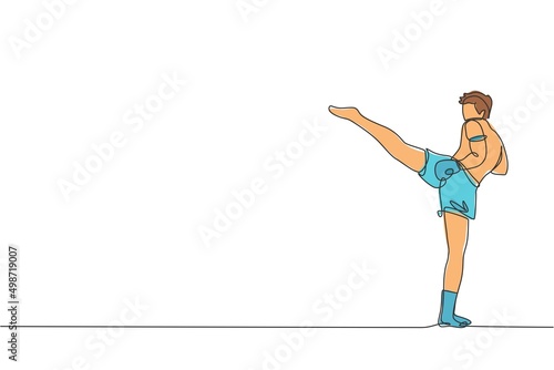 One single line drawing of young energetic muay thai fighter man exercising at gym fitness center vector illustration graphic. Combative thai boxing sport concept. Modern continuous line draw design