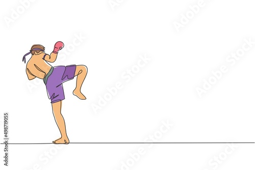 Single continuous line drawing young sportive man training thai boxing at gym club center. Combative muay thai sport concept. Competition event. Trendy one line draw design graphic vector illustration