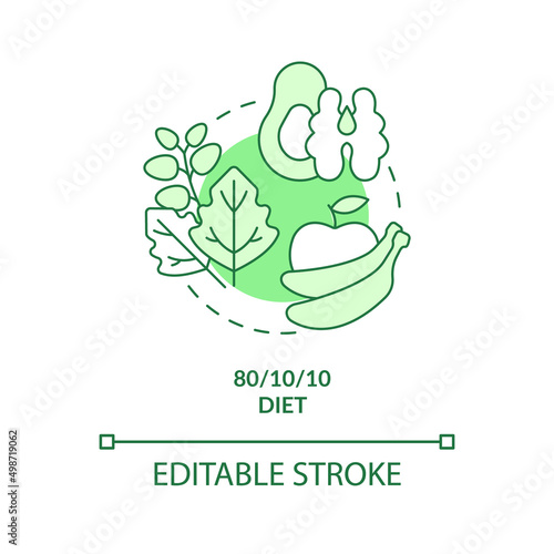 Low fat raw vegan diet green concept icon. 80, 10, 10 dieting. Variety of vegan diet abstract idea thin line illustration. Isolated outline drawing. Editable stroke. Arial, Myriad Pro-Bold fonts used