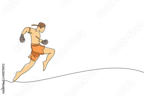 One continuous line drawing of young sporty muay thai boxer man practicing knee kick and flying kick at box arena. Fighting sport game concept. Dynamic single line draw design vector illustration