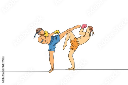 Single continuous line drawing of two young sportive men training thai boxing at gym club center. Combative muay thai sport concept. Competition event. Trendy one line draw design vector illustration