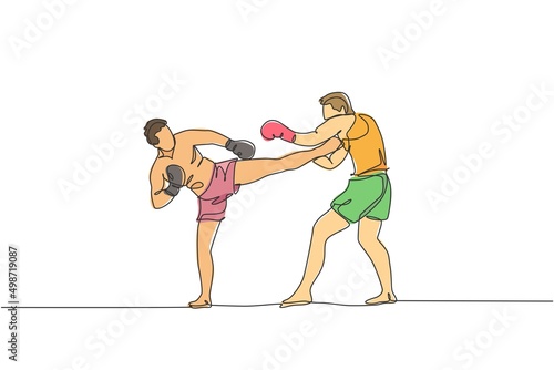 One continuous line drawing of two young sporty men kickboxer athlete training together at gym center. Sparring fight. Combative kickboxing sport concept. Single line draw design vector illustration