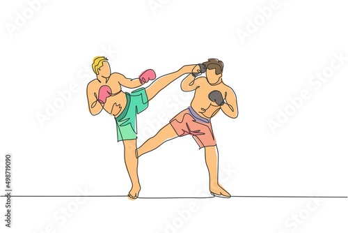 One single line drawing of young energetic man kickboxer practice sparring combat with partner in boxing arena vector illustration. Healthy lifestyle sport concept. Modern continuous line draw design