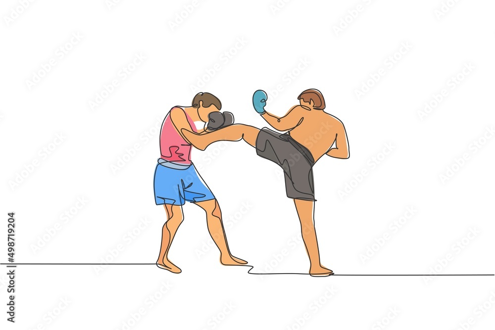 Single continuous line drawing of young sportive man kickboxer fight in sport arena for local championship title. Fight competition kickboxing sport concept. One line draw design vector illustration Single continuous line drawing of young sportive man kickboxer fight in sport arena for local championship title. Fight competition kickboxing sport concept. One line draw design vector illustration