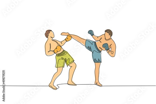 One single line drawing of young energetic man kickboxer practice sparring fight with partner in boxing arena vector illustration. Healthy lifestyle sport concept. Modern continuous line draw design