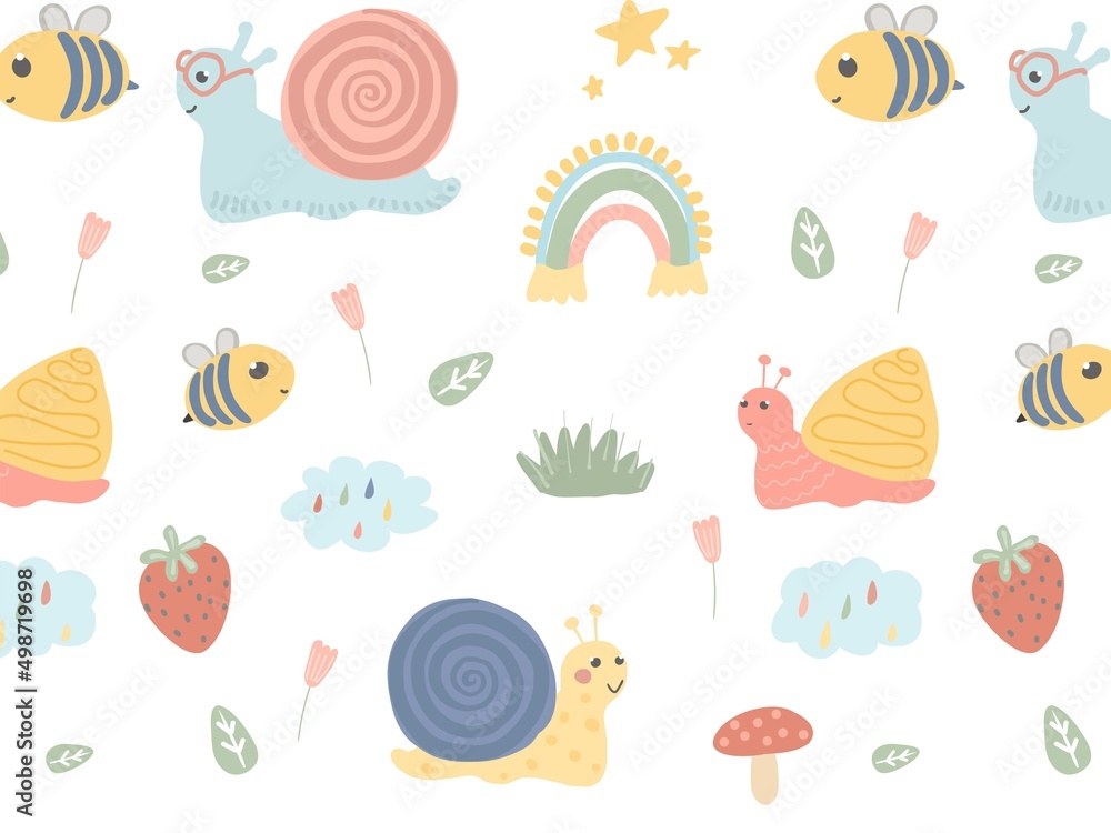 Cute childish cartoon pattern. Pattern with snails. Illustration for baby dough, fabric, background.