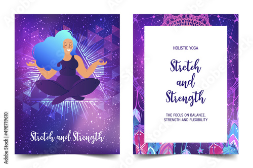 Plus size curvy lady doing yoga class. Yoga card design. Colorful template for spiritual retreat or yoga studio. Ornamental business cards, oriental pattern. Vector