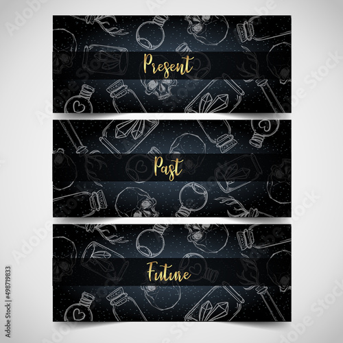Fortune teller, spiritual coach, mystic healer business card design template. Vector illustration. Magic woman.