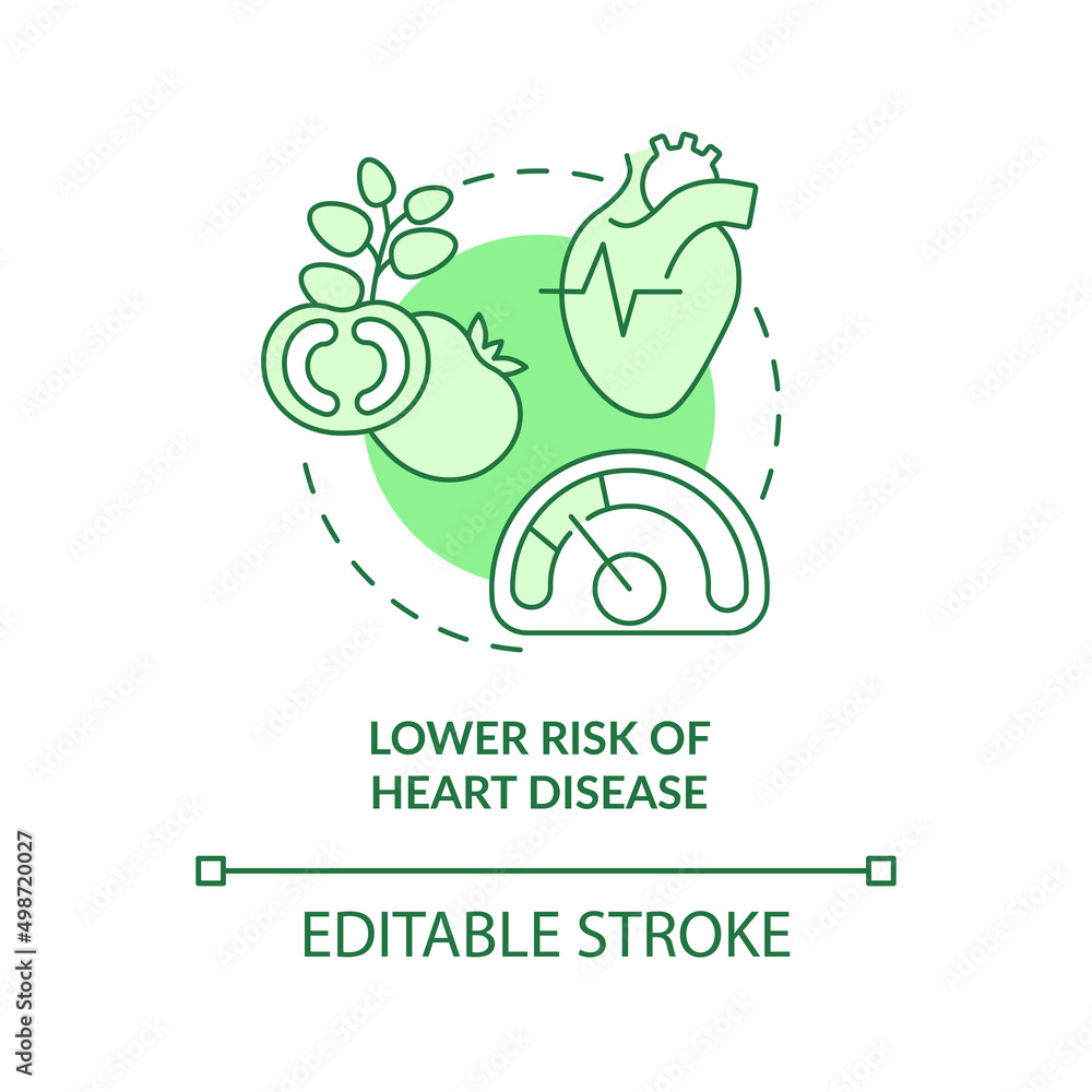 Lower risk of heart disease green concept icon. Heart attack prevention. Veganism abstract idea thin line illustration. Isolated outline drawing. Editable stroke. Arial, Myriad Pro-Bold fonts used Lower risk of heart disease green concept icon. Heart attack prevention. Veganism abstract idea thin line illustration. Isolated outline drawing. Editable stroke. Arial, Myriad Pro-Bold fonts used