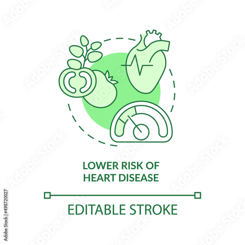 Lower risk of heart disease green concept icon. Heart attack prevention. Veganism abstract idea thin line illustration. Isolated outline drawing. Editable stroke. Arial, Myriad Pro-Bold fonts used
