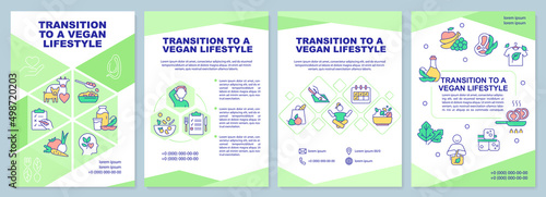 Transition to vegan lifestyle brochure template. Plant based diet. Leaflet design with linear icons. 4 vector layouts for presentation, annual reports. Arial-Black, Myriad Pro-Regular fonts used