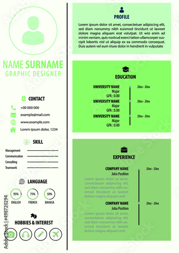 CV / Resume Template. Modern Clean Design. Simple Color Background. Editable Vector. A4 Paper Size. Suitable for Job Application