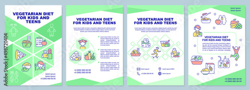 Vegetarian diet for kids and teens brochure template. Leaflet design with linear icons. 4 vector layouts for presentation, annual reports. Arial-Black, Myriad Pro-Regular fonts used