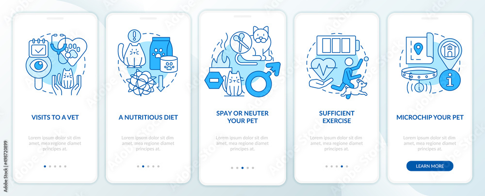 Proper pet care routine blue onboarding mobile app screen. Microchip walkthrough 5 steps graphic instructions pages with linear concepts. UI, UX, GUI template. Myriad Pro-Bold, Regular fonts used Proper pet care routine blue onboarding mobile app screen. Microchip walkthrough 5 steps graphic instructions pages with linear concepts. UI, UX, GUI template. Myriad Pro-Bold, Regular fonts used