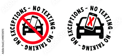 No mobile phones. Drive mobile-free, drive MONO. Vector traffic, road car icon, pictogram. Without distraction from apps or social media posts. No texting, talking or exceptions. Mobile phone symbol