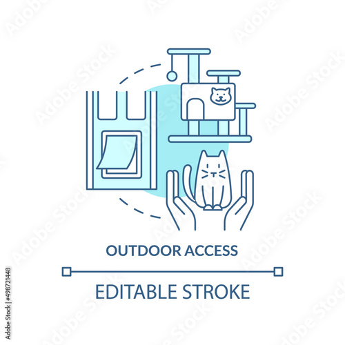 Outdoor access turquoise concept icon. Bringing new cat home tip abstract idea thin line illustration. Natural behavior. Isolated outline drawing. Editable stroke. Arial, Myriad Pro-Bold fonts used