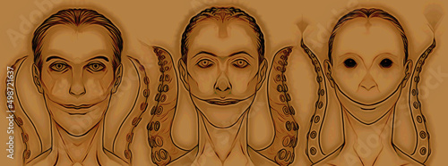 Fotografering Digital illustration of the front view of three different types of aliens or dem