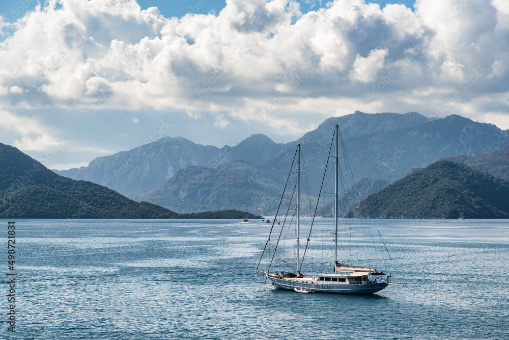 Awesome view of yacht crossing Marmaris Harbor, Turkey Awesome view of yacht crossing Marmaris Harbor, Turkey