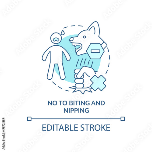 No to biting and nipping turquoise concept icon. Training dog abstract idea thin line illustration. Aggressive behavior. Isolated outline drawing. Editable stroke. Arial, Myriad Pro-Bold fonts used