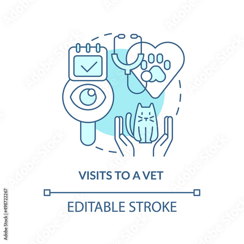 Visits to vet turquoise concept icon. Pet wellness tip abstract idea thin line illustration. Routine veterinary clinic. Isolated outline drawing. Editable stroke. Arial, Myriad Pro-Bold fonts used