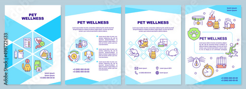 Pet wellness blue brochure template. Keeping domestic animals healthy. Leaflet design with linear icons. 4 vector layouts for presentation, annual reports. Arial-Black, Myriad Pro-Regular fonts used