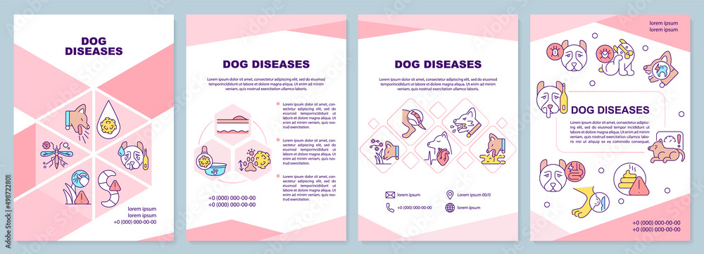 Dog diseases pink brochure template. Causes and treatment. Leaflet design with linear icons. 4 vector layouts for presentation, annual reports. Arial-Black, Myriad Pro-Regular fonts used