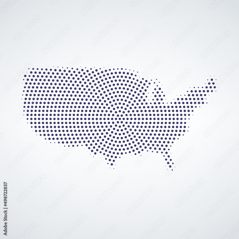 Halftone circle centered USA Map. Vector geographic map on a white background. Vector mosaic of USA Map created of sphere pixels.