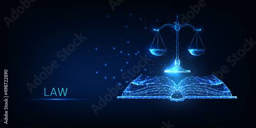 Futuristic justice, law education concept with glowing low polygonal open book and scales