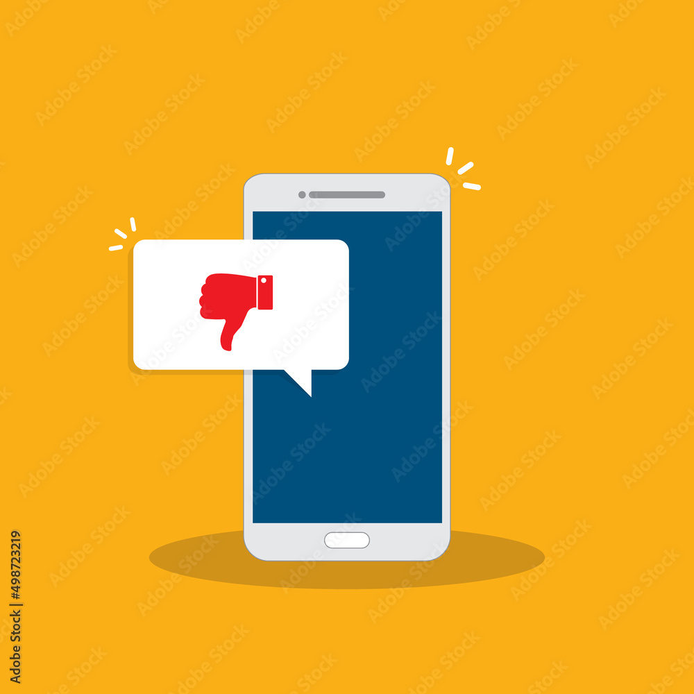 Smartphone with dislike message, dislike button. Thumbs down icon. Social networking, social media usage on mobile device. Flat design vector illustration Smartphone with dislike message, dislike button. Thumbs down icon. Social networking, social media usage on mobile device. Flat design vector illustration
