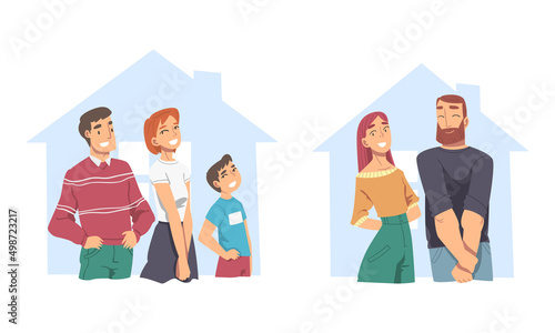 Set of happy families inside the house. Family protection, stay at home concept cartoon vector illustration