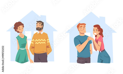 Set of happy family couples inside house. People under roof of house, stay at home concept cartoon vector illustration