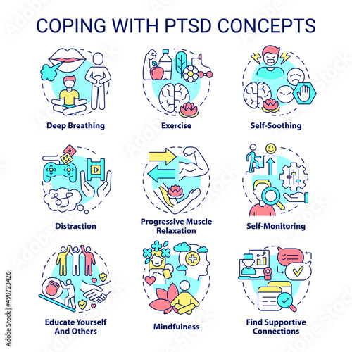 Coping with PTSD concept icons set. Mental health. Psychotherapy service idea thin line color illustrations. Isolated symbols. Editable stroke. Roboto-Medium, Myriad Pro-Bold fonts used