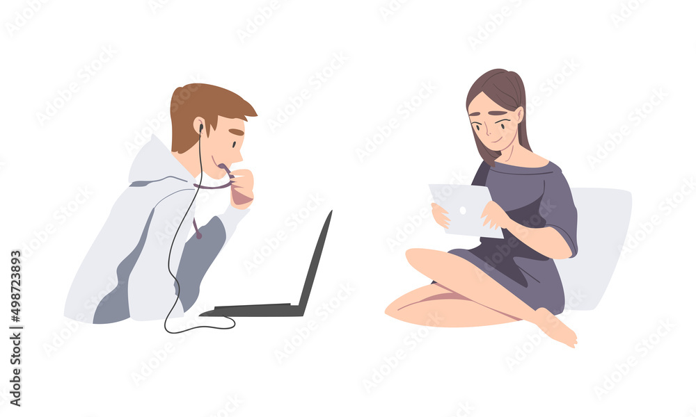 People with headset working with laptop computer set cartoon vector illustration People with headset working with laptop computer set cartoon vector illustration