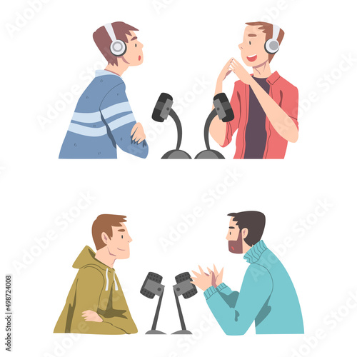 People in headphones talking in studio with microphones, podcast concept. Radio host interviewing guest cartoon vector illustration