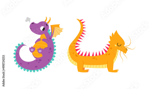 Adorable baby dragons set. Cute little dinosaurs  fairytale creatures cartoon vector illustration