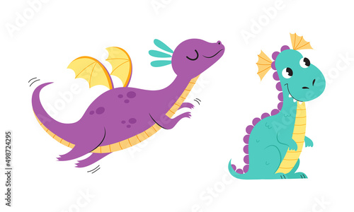 Lovely baby dragons set. Funny little dinosaurs, fairytale creatures cartoon vector illustration