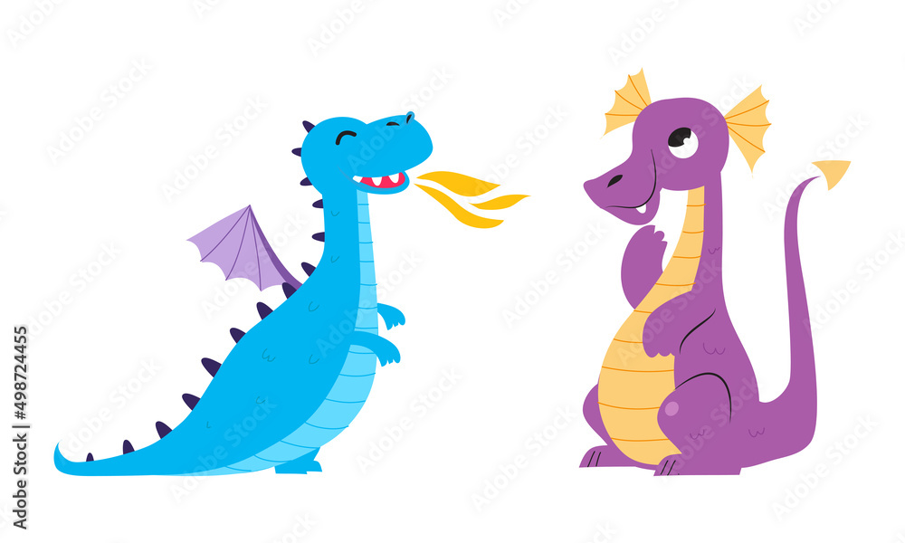 Cute baby dragons set. Funny blue and purple little dinosaurs, fairytale creatures cartoon vector illustration