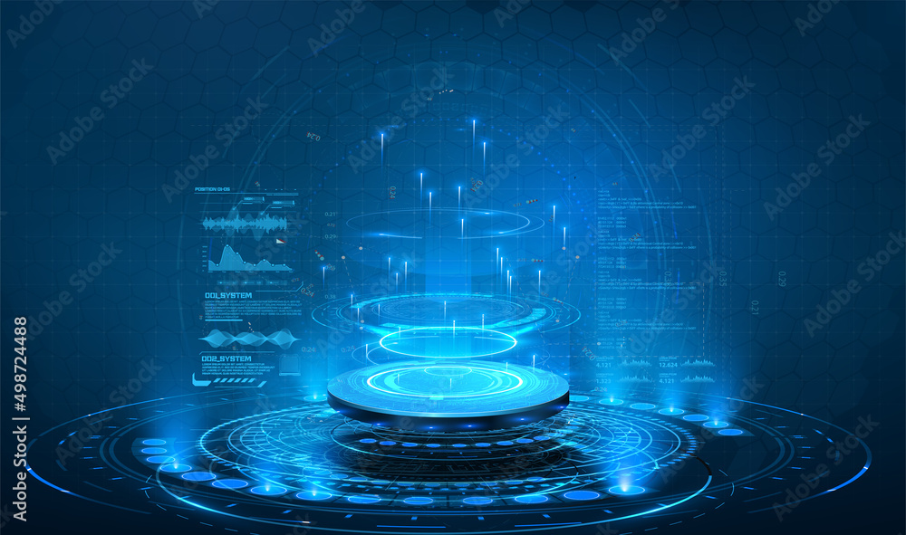 A blue futuristic pedestal or portal with graphs and data on an isolated background, for the presentation of your product. Light aura and glowing hologram. FUI Future space travel technology. Vector - obrazy, fototapety, plakaty 