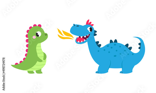 Cute baby dragons set. Funny bright green and blue little dinosaurs  fairytale creatures cartoon vector illustration