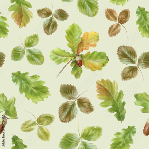 Green oak leaves pattern, watercolor illustration on light green background