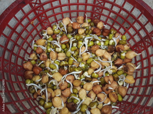 Fried onion pic. Hot oil in a steel pot. As sprouted food items, gram, moong, wheat, maize, sesame, moth, soybean, groundnut, peas, pulses are used.  Apart from this, millet, jowar, dates, raisins, 
