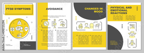 Symptoms of PTSD word concepts yellow banner. Trauma and distress. Infographics with icons on color background. Isolated typography. Vector illustration with text. Arial, Myriad Pro-Regular fonts used