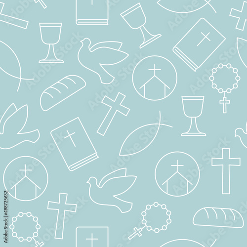 seamless pattern with catholic religion icons: bible, cross, dove, bread, fish, Fototapet