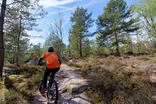 Cyclist in Fontainebleau forest. Belvederes hiking path