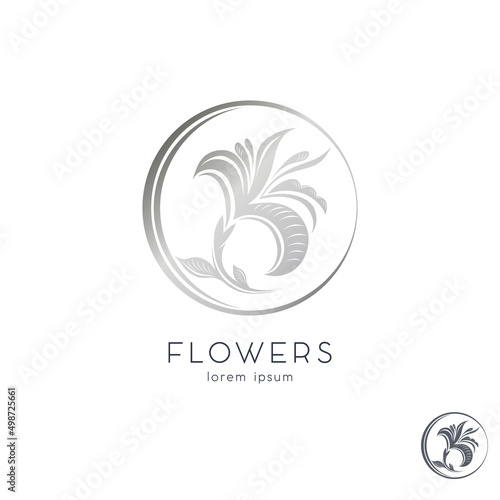 Silver flower, graceful Lily in a circle, emblem, logo. Template for beauty Studio, jewelry store, cosmetics, women's clothing, boutique. Isolated vector illustration