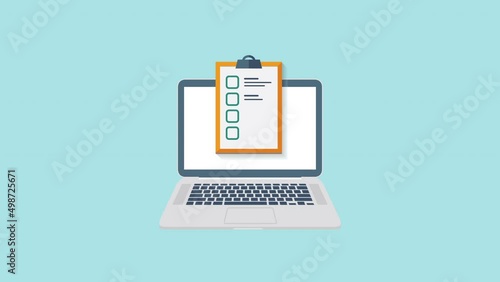 Checklist clipboard on laptop. Business form finance animation